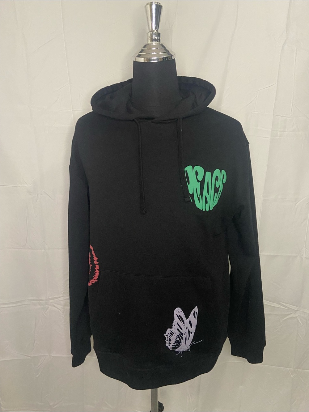 Black Hoodie with Green 'Peace' Chest Graphic